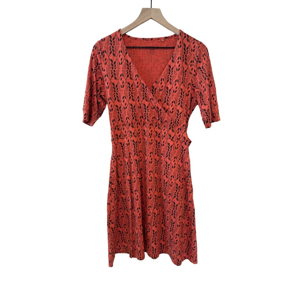 Toad & Co Cue Wrap Cafe Midi Dress Red Orange Navy Organic Print Size M Pockets